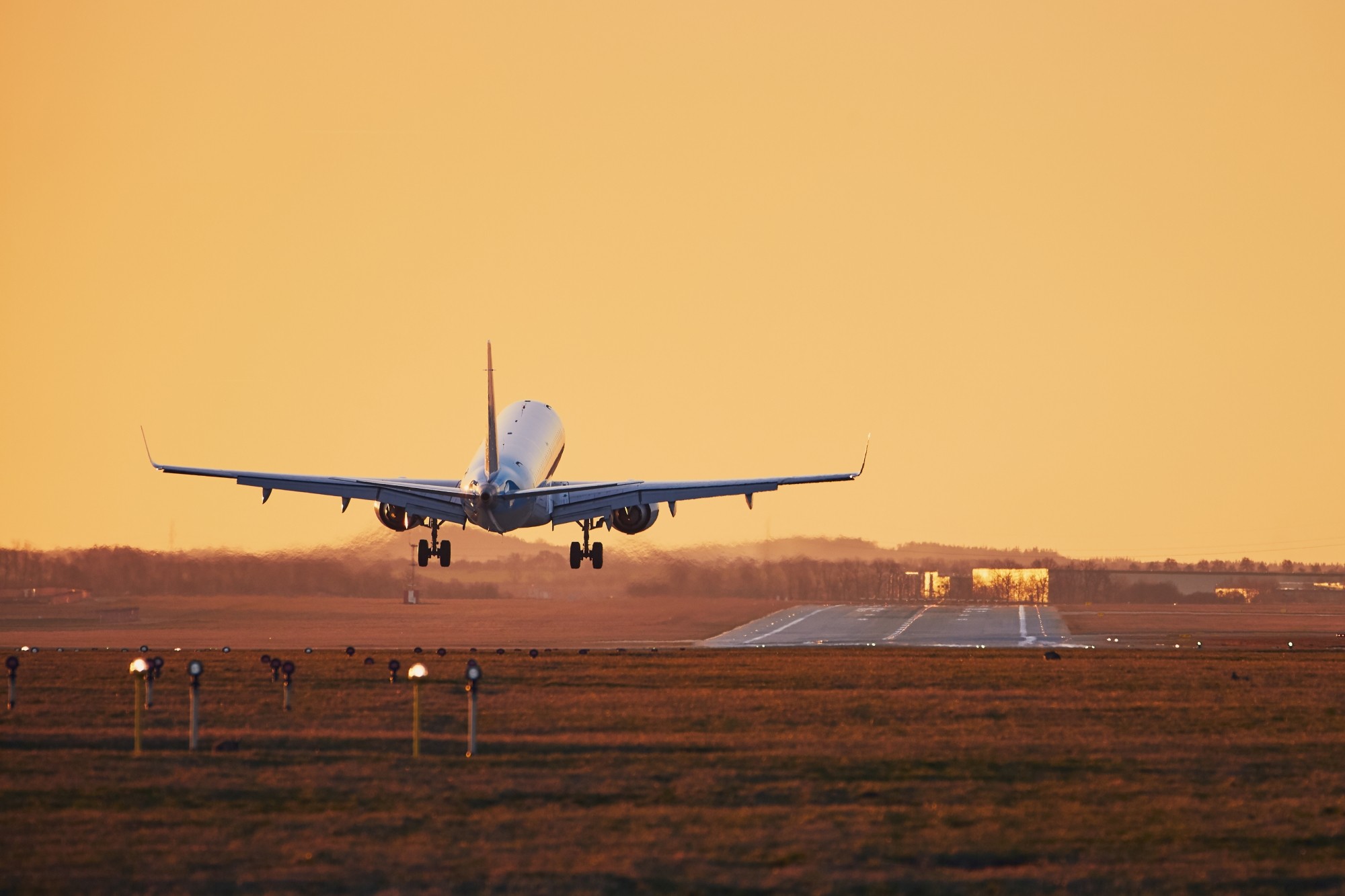 Airplane landing at sunset