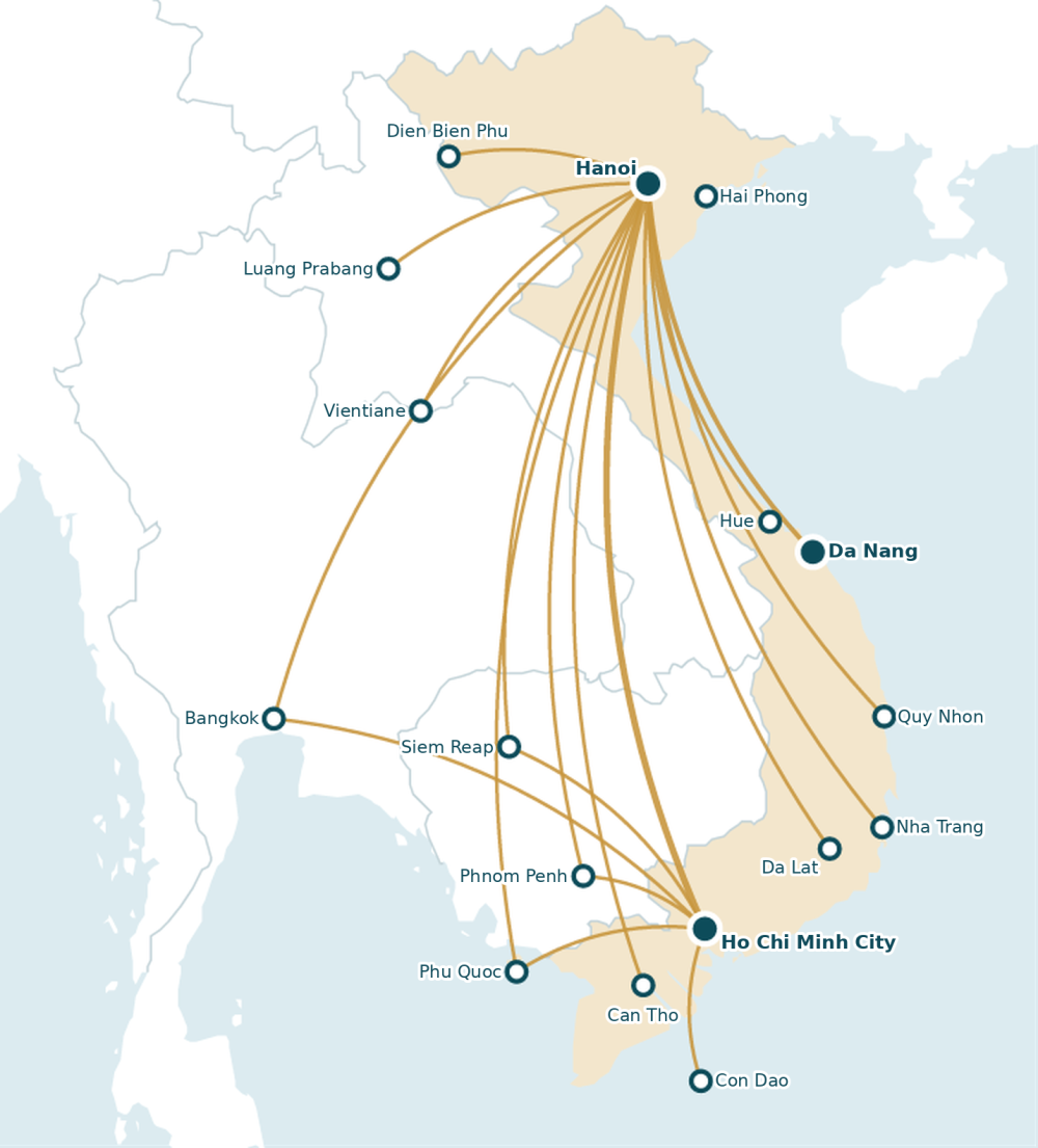 Route map of Vietnam Airlines flights within Vietnam and to Laos, Cambodia and Thailand from Hanoi and Ho Chi Minh City